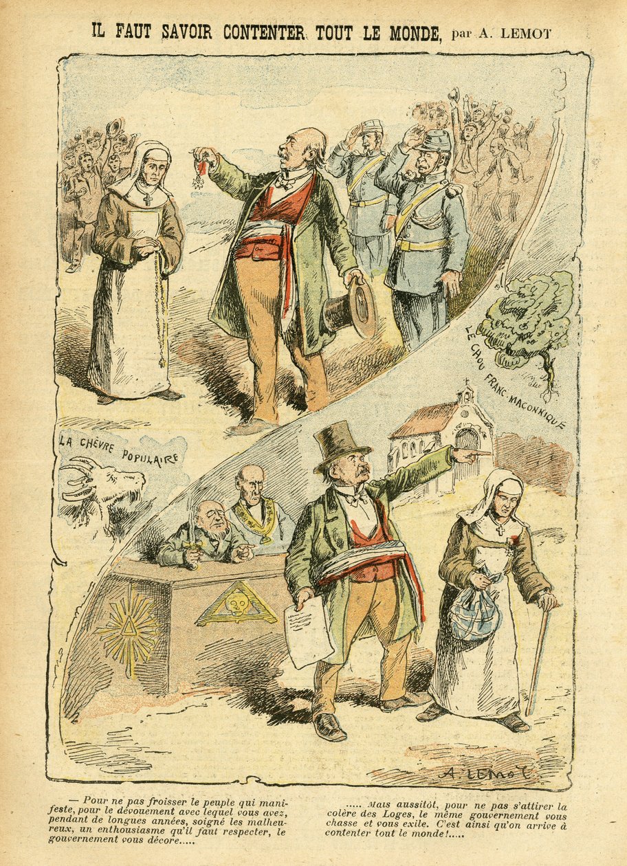 Illustration de Achille Lemot (1846-1909) dans Le Pèlerin, 03/09/05 - Il faut savoir contenter tout le monde - Anticléricalisme, Antimaçonnisme Franc-maçonnerie, Religion Foi, Médaille, Bloc des gauches, Catholicisme Catholique - Expulsions de religieux, L - Achille Lemot