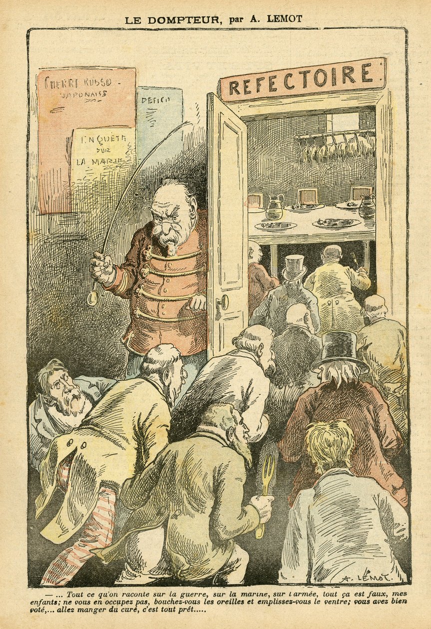 Illustration de Achille Lemot (1846-1909) dans Le Pèlerin, 27/03/04 - Le dompteur - Restaurant Cafés, Gastronomie cuisinier - Combes Emile (1835-1921), Dompteur - Métaphore Alimentaire - Achille Lemot