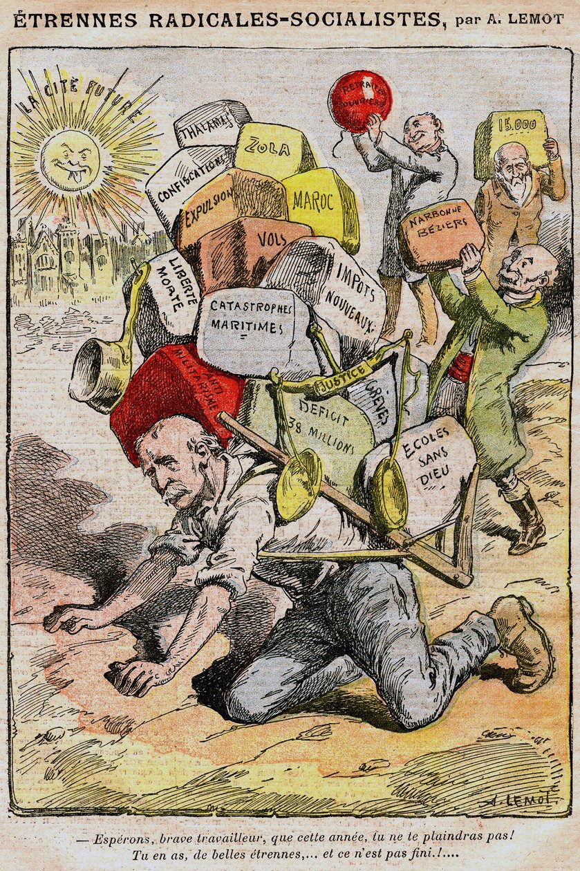 Radical-Socialistes : caricature par Achille Lemot dans Le Pèlerin (1909) - un ouvrier s