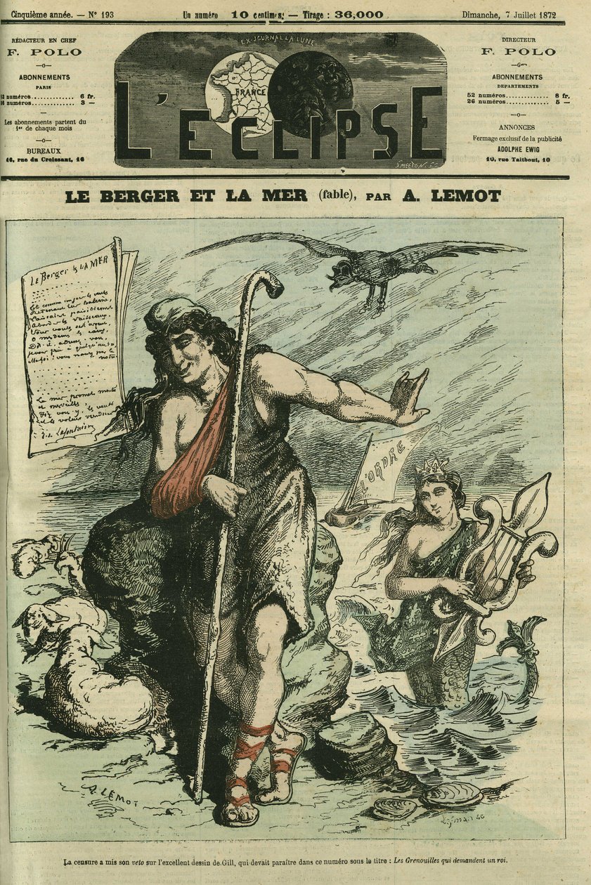 Le Berger et la Mer illustre une fable pour remplacer le dessin de Gill « Les Grenouilles qui demandent un roi » interdit par la censure. Couverture dans « L