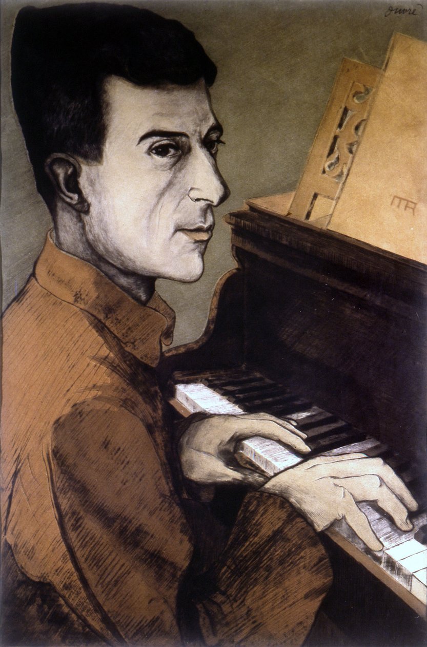 Portrait de Maurice Ravel au piano - lithographie par Ouvré - Achille Ouvré