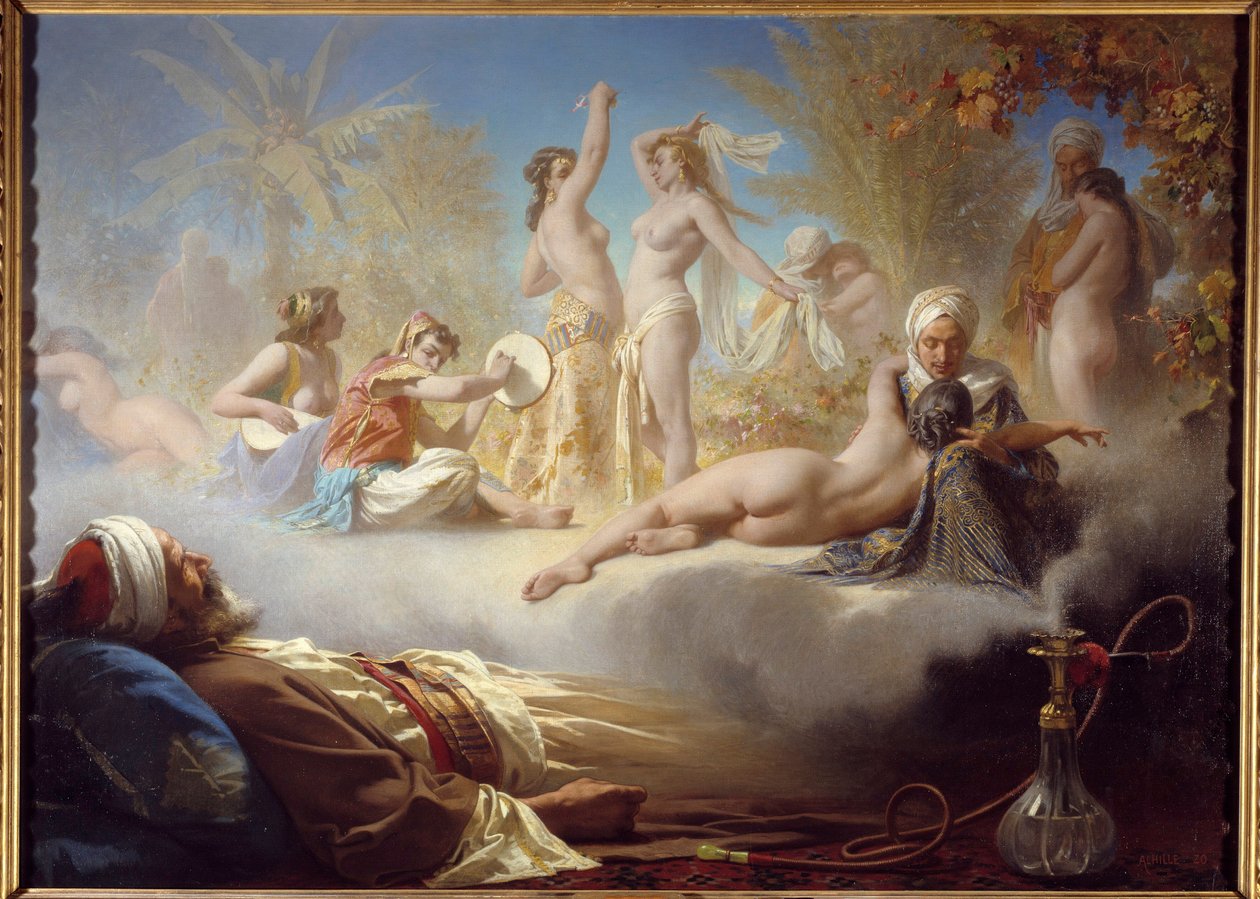 Le rêve du croyant Un musulman endormi après avoir fumé le narguilé rêve de danseuses orientales - Achille Zo