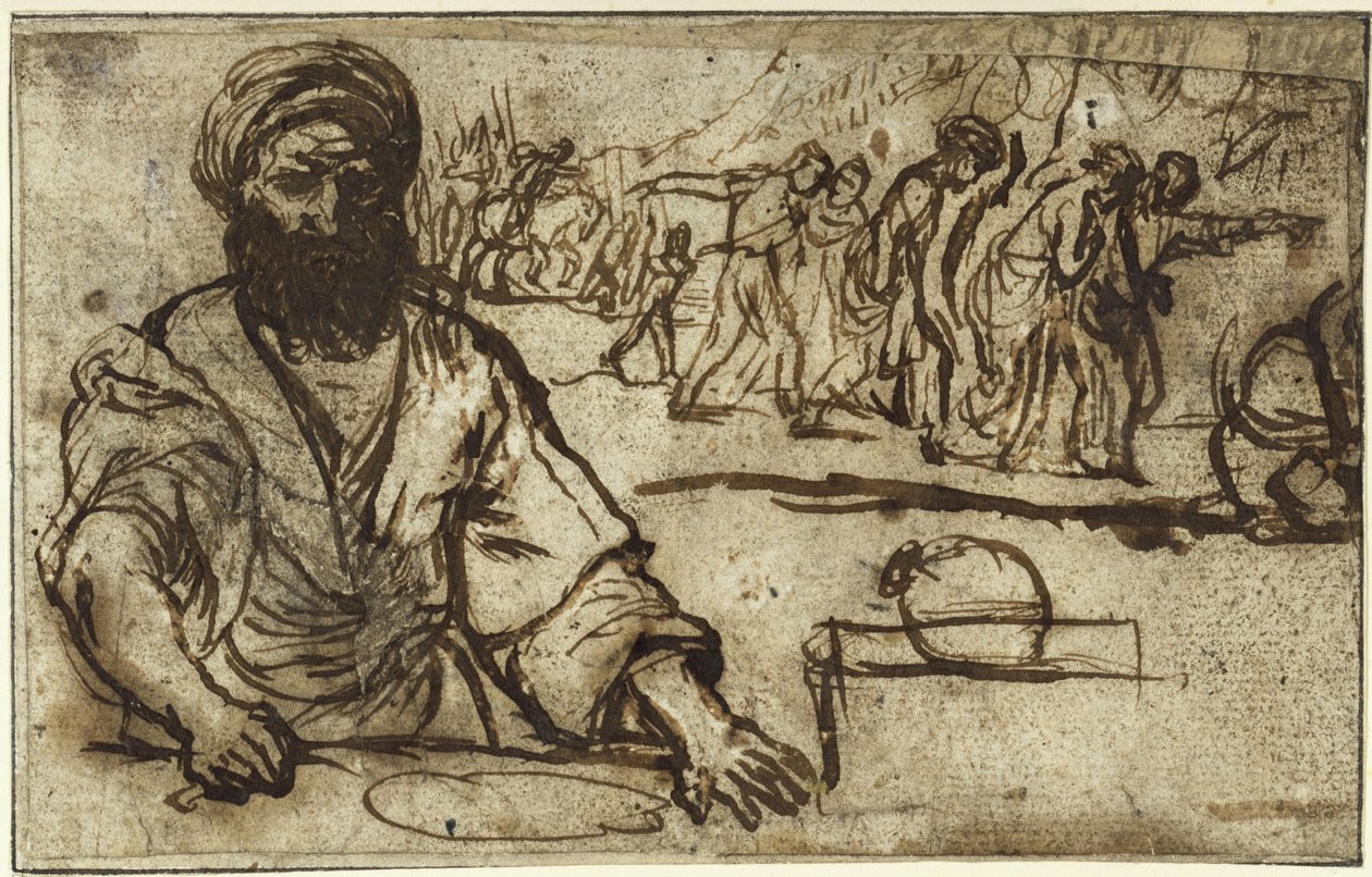 Un homme barbu assis, avec en arrière-plan un cortège de piétons et de cavaliers - Adam Elsheimer