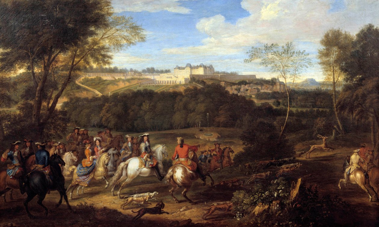 Le roi Louis XIV (1638-1715) et la cour chassant en vue du château de Meudon. École d