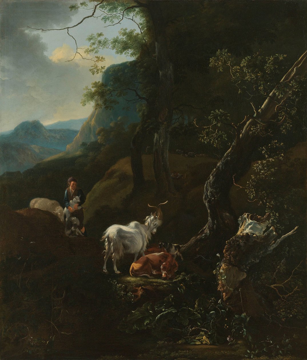 Une bergère avec des animaux dans un paysage montagneux - Adam Pijnacker