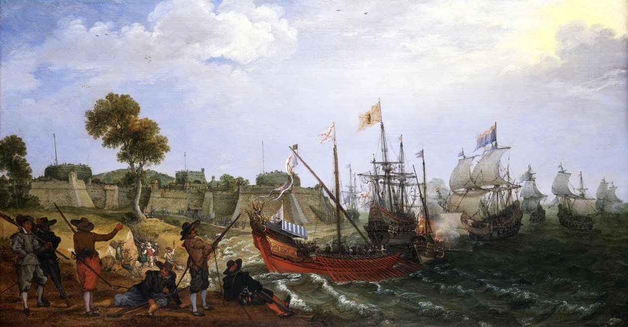 Une escadre de guerre néerlandaise attaquant une forteresse coloniale espagnole, défendue par des bateaux - Adam Willaerts