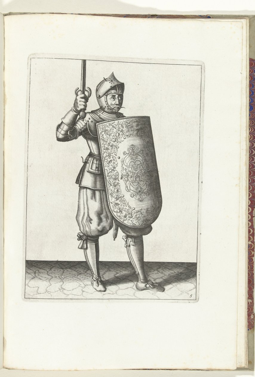 Exercice avec la targe et le rapière: le soldat tient le rapière tiré pas plus haut que son visage (n° 5), 1618 - Adam van Breen