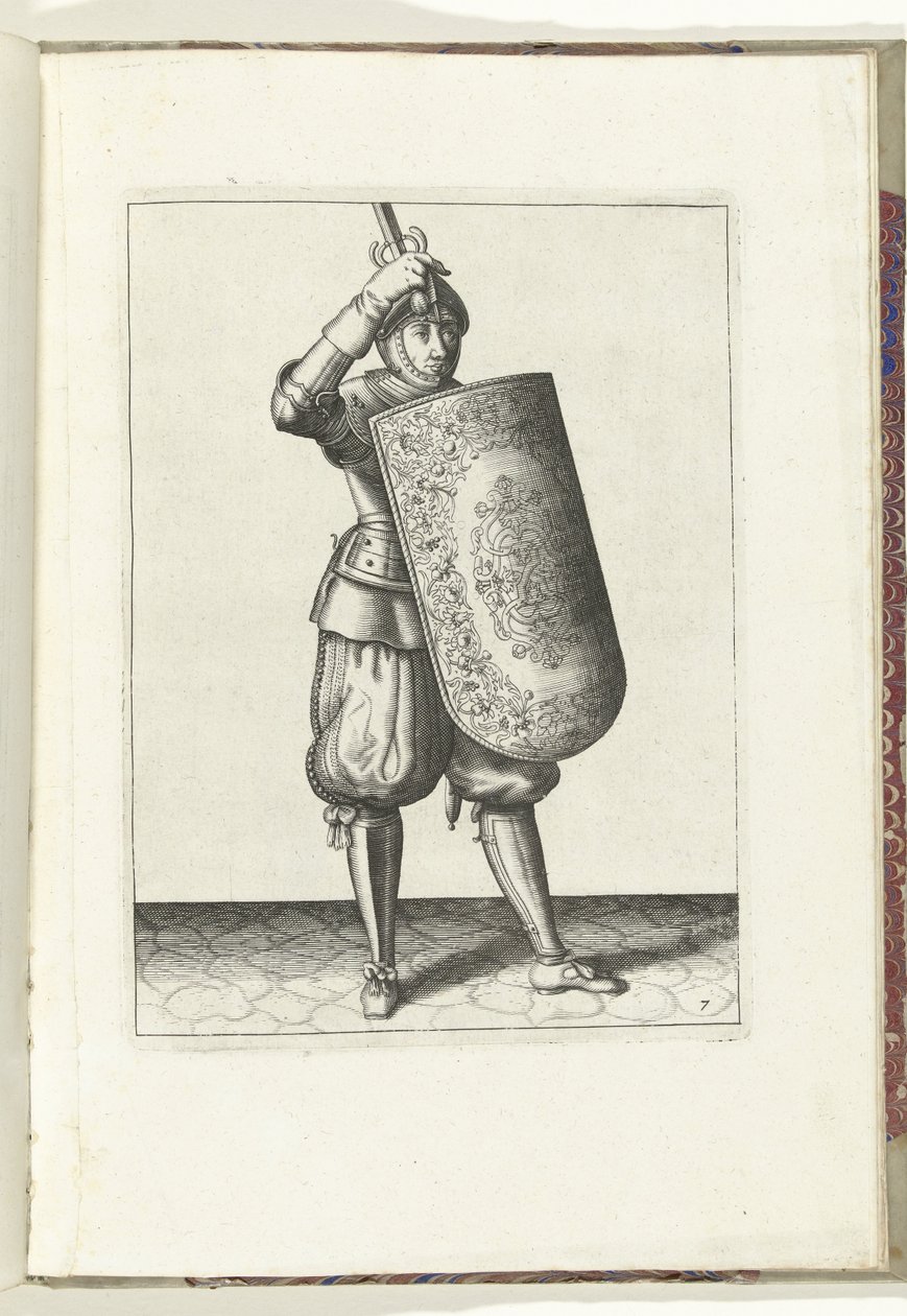 Exercice avec la targe et la rapière : comment le soldat doit fermer la visière de son casque avec la targe et la rapière dégainée dans la main (n° 7), 1618 - Adam van Breen