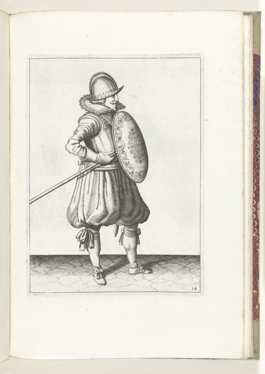 Exercice avec bouclier et lance : le soldat met la lance en position pour traîner, deuxième mouvement, 1618 - Adam van Breen