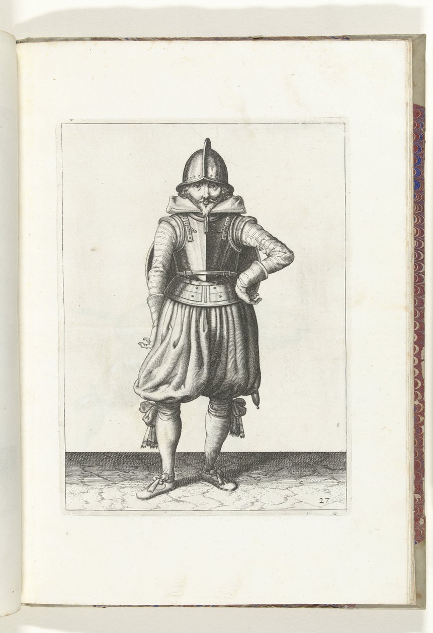 Exercice avec bouclier et lance : le soldat au repos avec le bouclier sur le dos (n° 27), 1618 - Adam van Breen