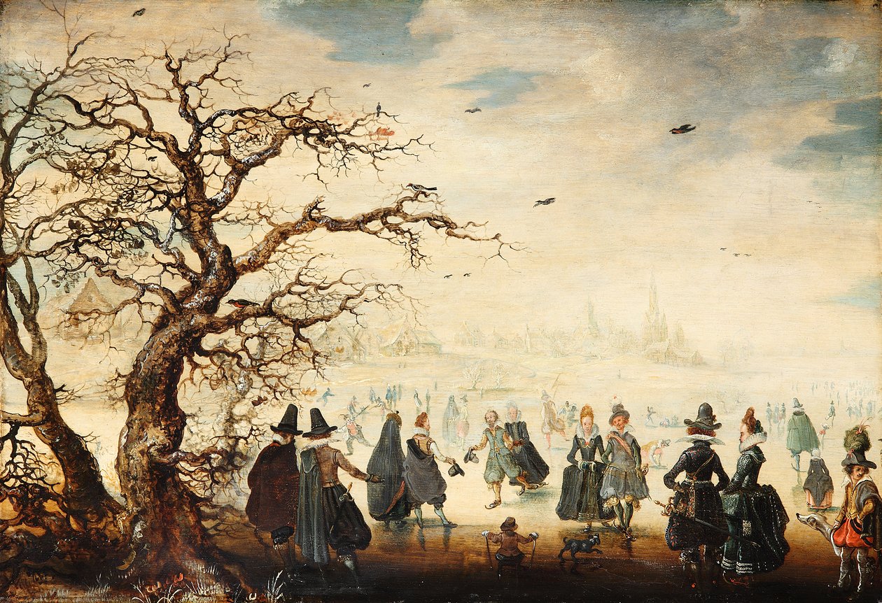 Allemand : Wintervergnügen Paysage hivernal avec des personnages élégants faisant du patin à glace - Adam van Breen