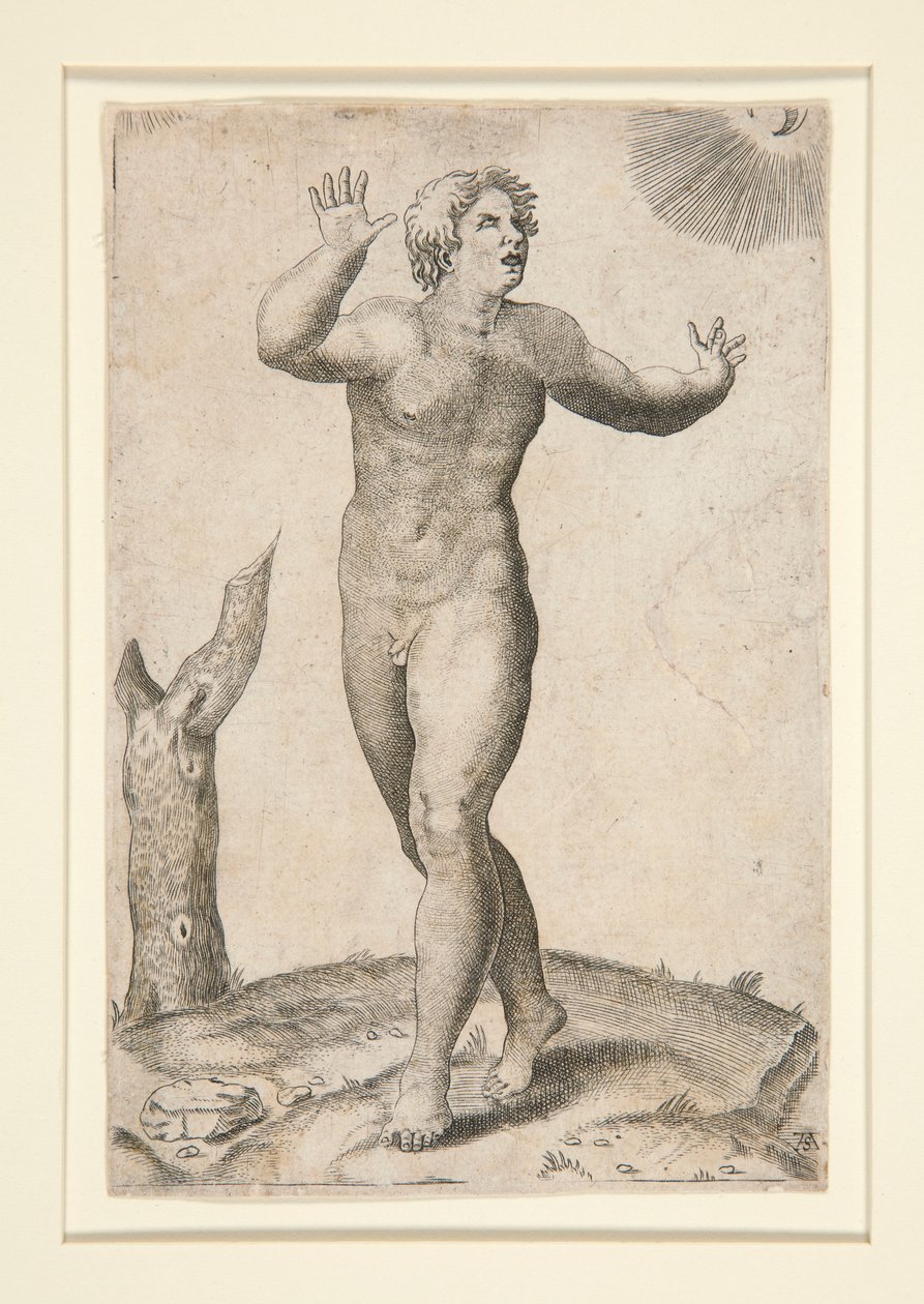 Un homme nu effrayé de voir la lune et le soleil dans le ciel en même temps - Adamo Scultori