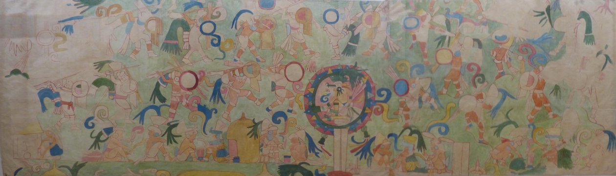 Partie de la fresque sur le côté sud-ouest du Temple des Jaguars à Chichen Itza. D