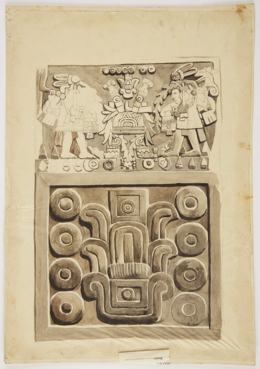 Relief en pierre de Mexico montrant en haut, deux figures de guerriers faisant face à une 