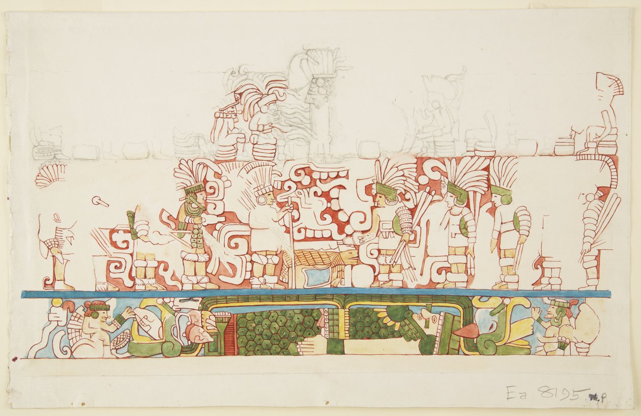 Relief en pierre du centre du mur nord, bâtiment nord C, terrain de jeu de balle, Chichen Itza, Mexique - Adela Breton