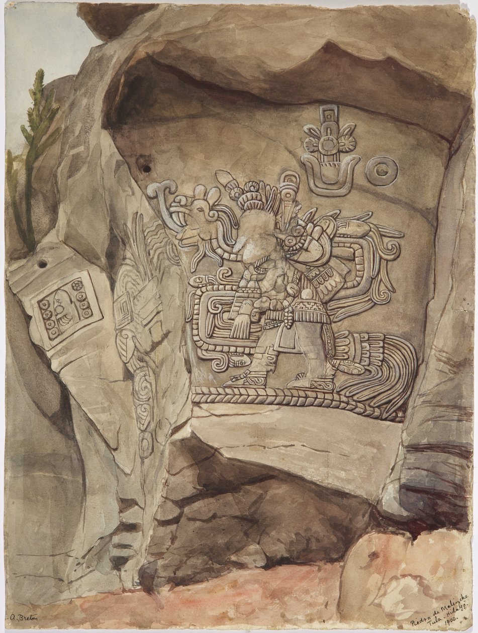 Relief en pierre de Piedra de Malinche, Tula, Hidalgo, Mexique - Adela Breton