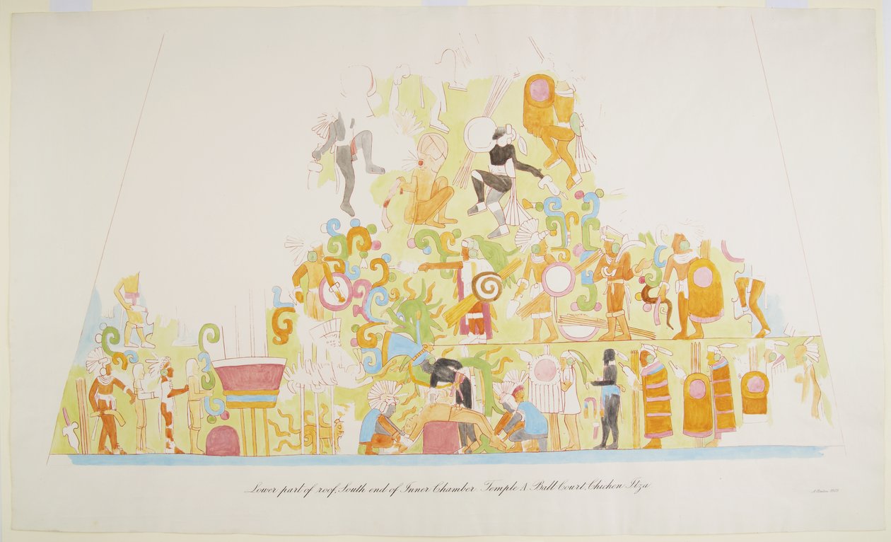 Peinture murale de la partie inférieure du toit, extrémité sud de la chambre intérieure, Temple A, Chichen Itza, Mexique - Adela Breton