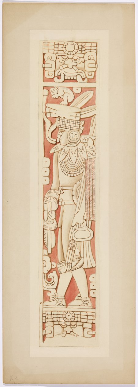 Figure de guerrier sur les montants de porte entre les chambres intérieure et extérieure du Temple supérieur des Jaguars - Adela Breton