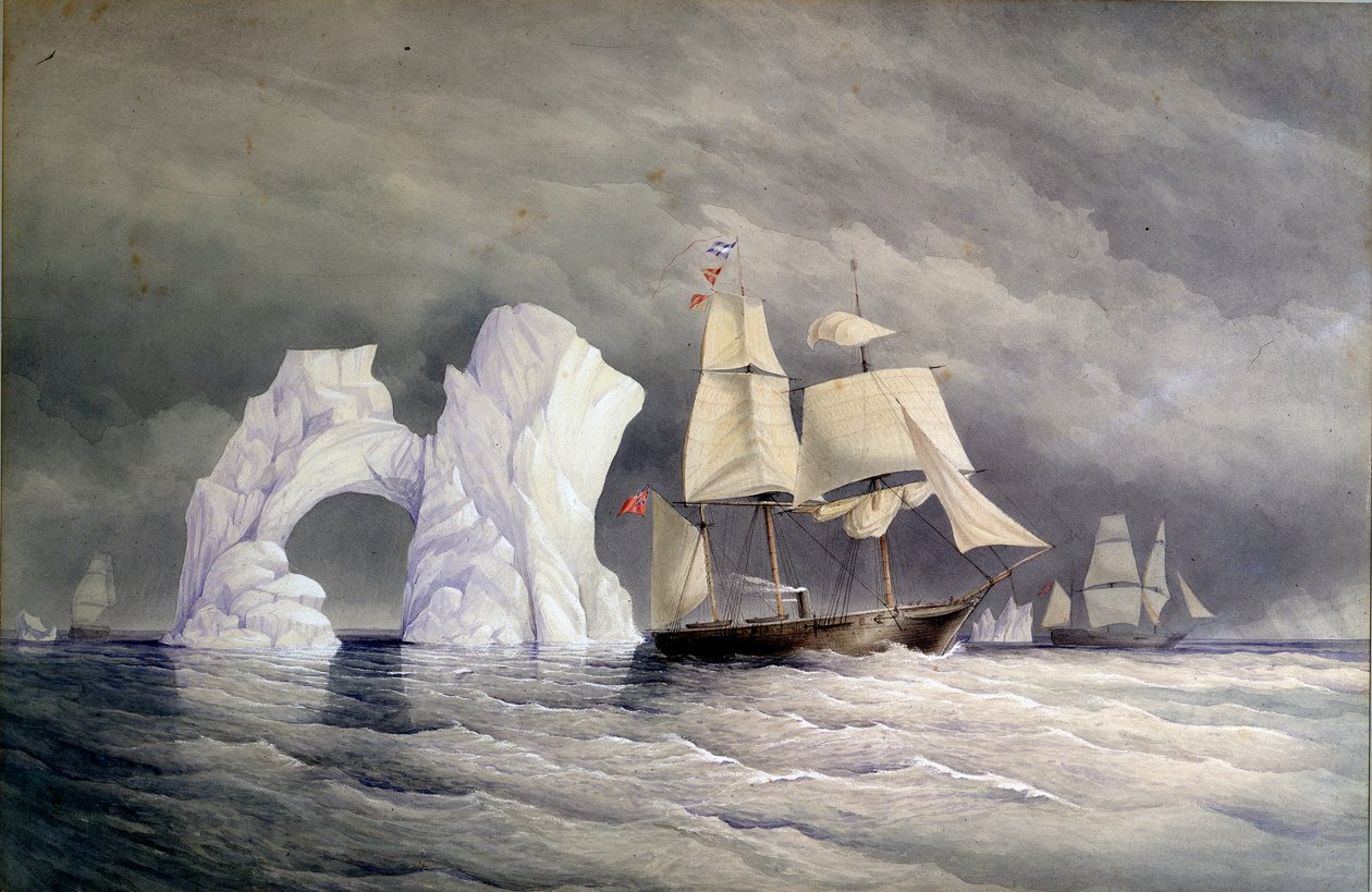 Navires britanniques Phoenix, Talbot et Diligence traversant un iceberg (Arctique Canada). Aquarelle (58x88 cm), par Edward Augustus Inglefield (1820-1894) - Admiral Edward Augustus Inglefield