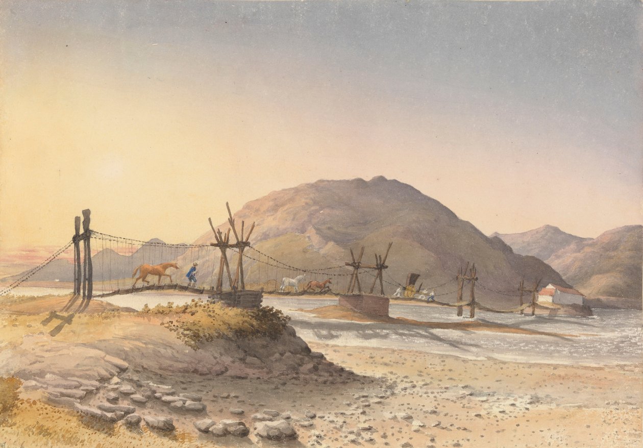 Pont suspendu en lanières de cuir (mais réparé avec une chaîne) sur le Maypu, à cinq lieues au sud de Santiago, Chili, 11 janvier 1851 - Admiral Sir Edward Gennys Fanshawe