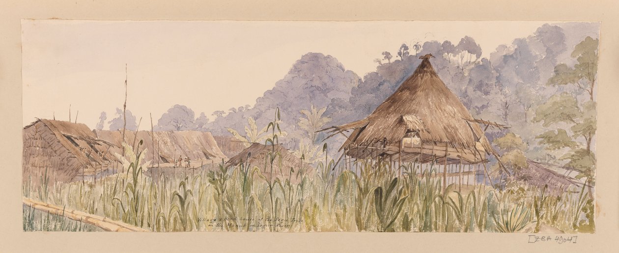 Village et maison principale de la tribu Segu ou sur la rivière Manuk ou Segur des Antilles, Amérique du Nord et album de Borneo - Admiral Sir Edward Gennys Fanshawe