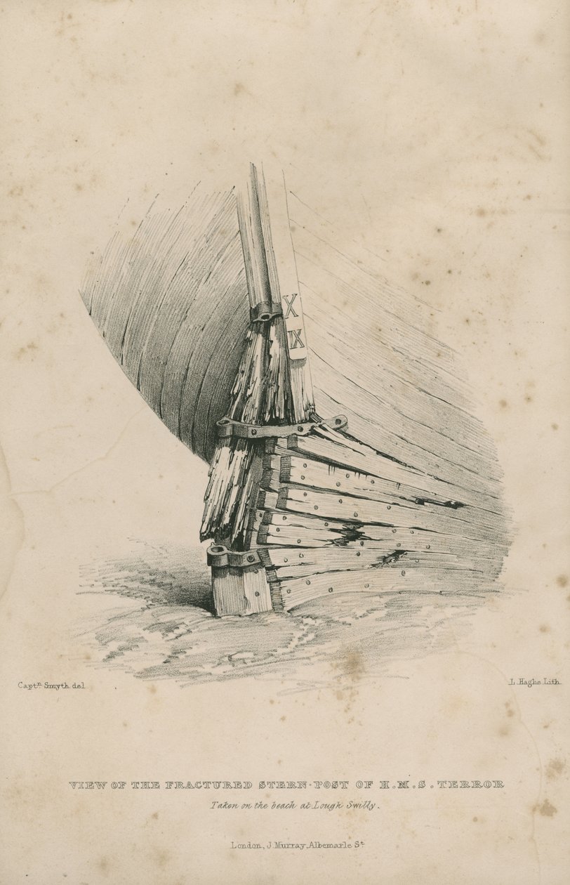 Vue du tableau arrière fracturé du H.M.S. Terror : prise sur la plage de Lough Swilly - Admiral William Henry Smyth