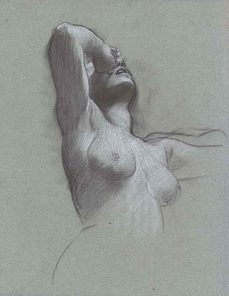 Une femme nue, mi-longueur, avec sa main levée vers ses yeux - Adolf Hiremy Hirschl