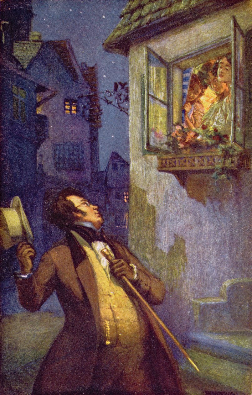 Carte postale viennoise représentant Franz Peter Schubert (1796-1828) saluant les trois sœurs Tschoell, vers 1910 - Adolf Karpellus