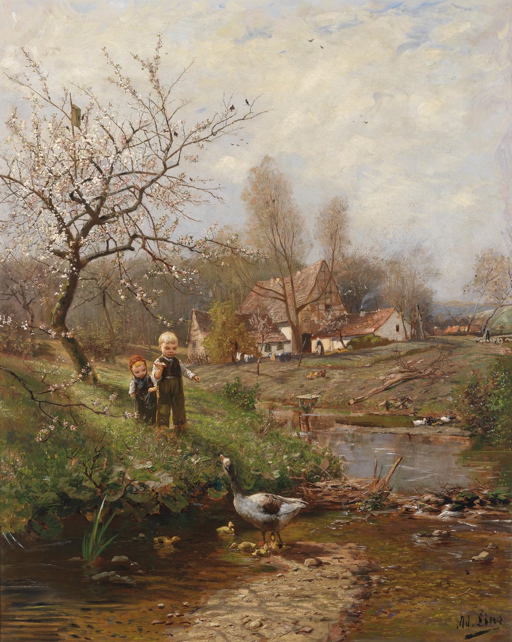 Paysage printanier avec deux enfants et des oies - Adolf Lins