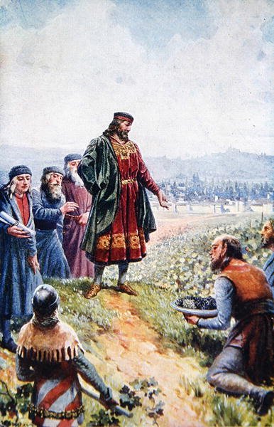 Charles IV inspectant des raisins lors de son encouragement à la viticulture en Bohême, début du XXe siècle - Adolf (after) Liebscher