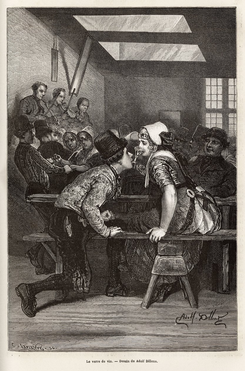 Les jours de foire, les paysans offrent de boire des liqueurs douces aux jeunes filles, le même verre sert à tout le monde, et passe de bouche en bouche, souvent rempli, et permet au jeune prétendant de faire sa cour, au rythme de l