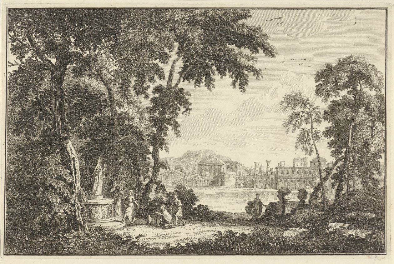 Paysage fluvial arcadien avec des figures adorant une statue - Adolf van der Laan