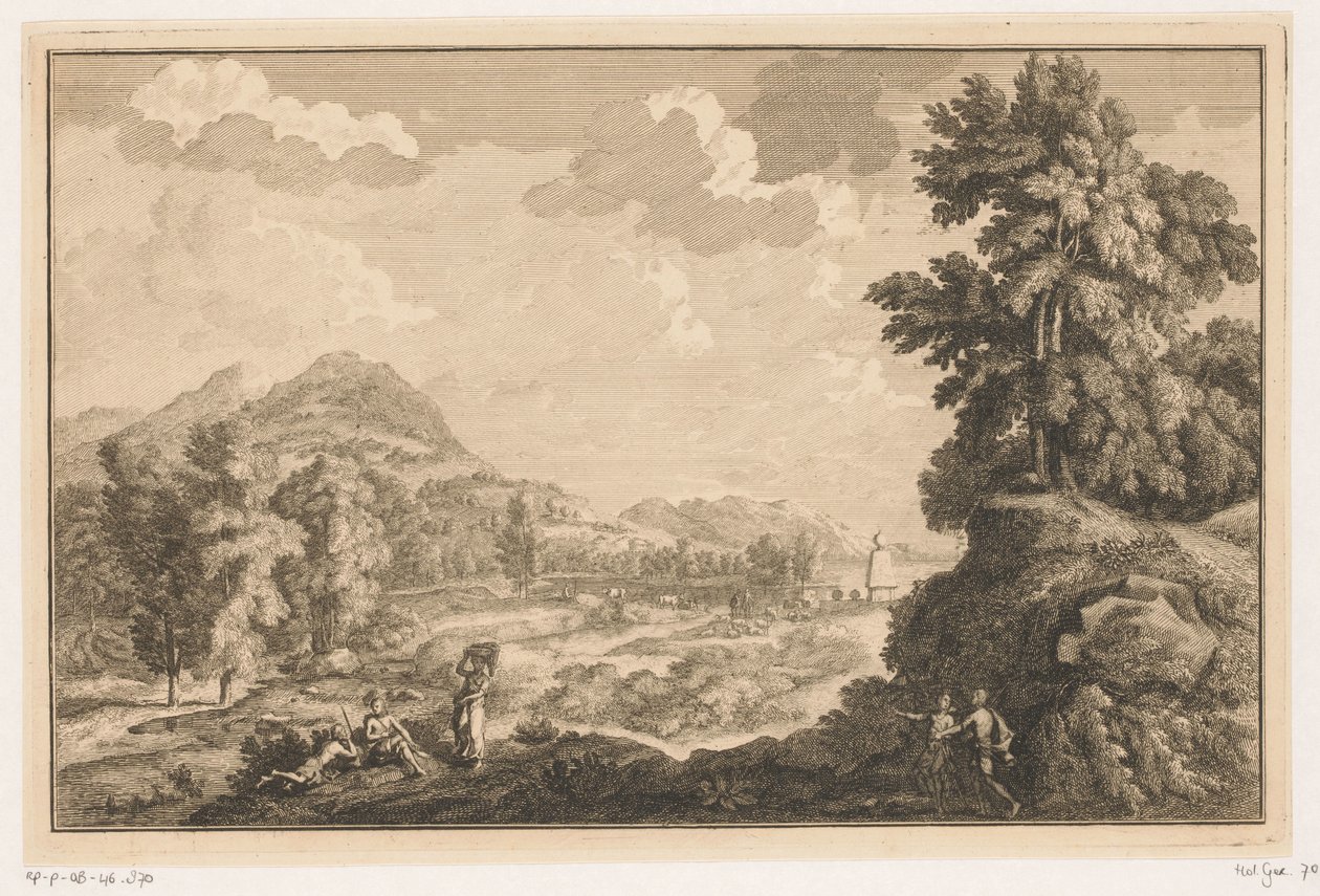Paysage fluvial arcadien avec bergers et femme avec une corbeille de linge - Adolf van der Laan