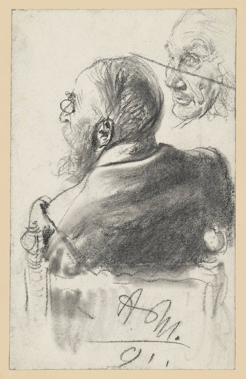 Homme barbu avec pince-nez assis dans un fauteuil, vu de dos, visage d’un vieil homme - Adolph Menzel
