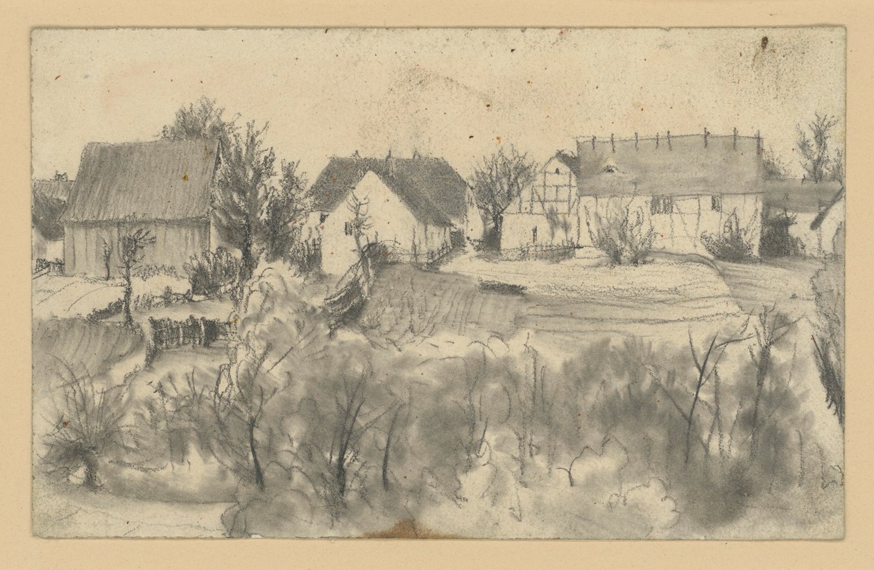 Vue de granges et de maisons de ferme, avec des arbres bas et des buissons au premier plan - Adolph Menzel
