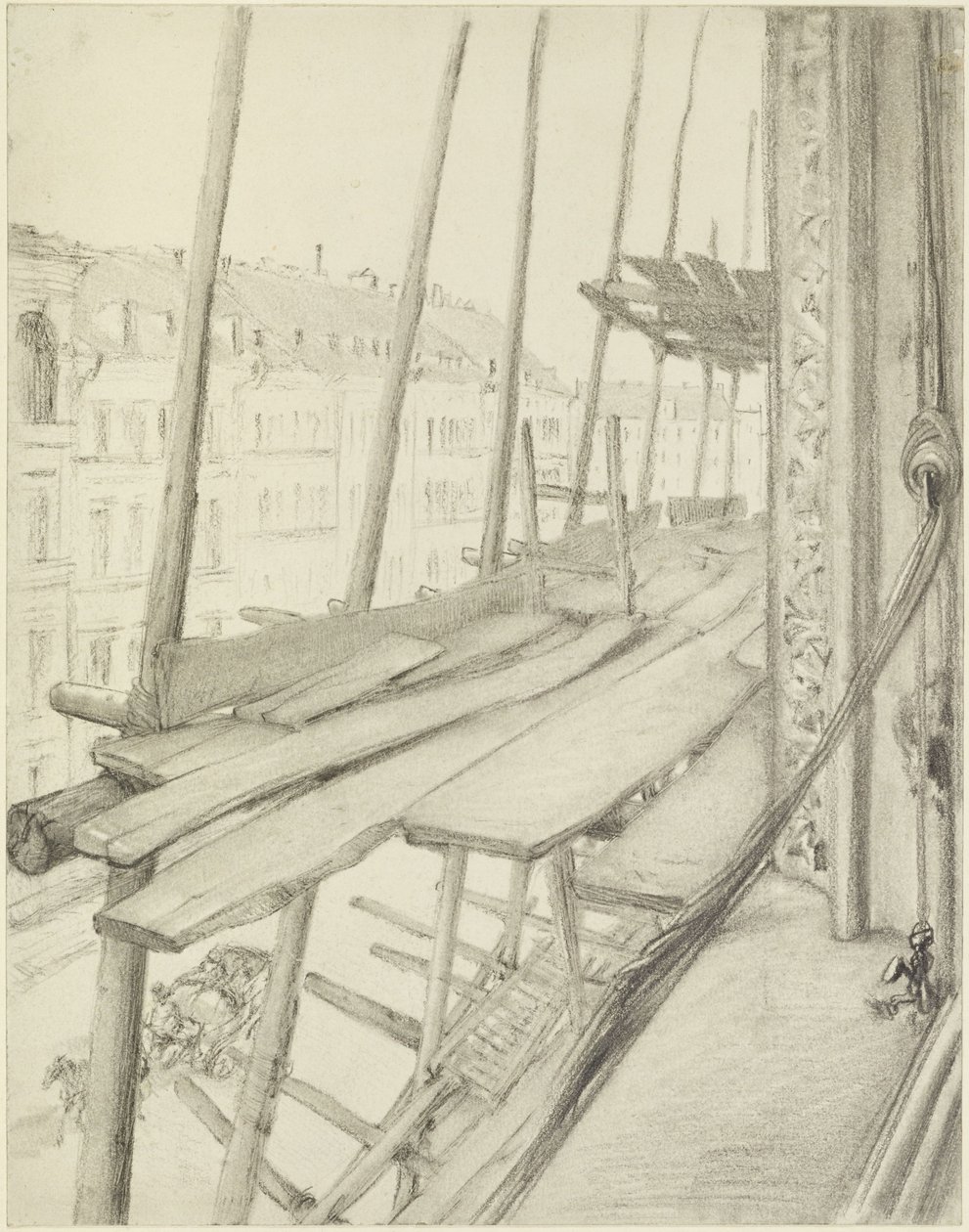 Vue depuis la fenêtre sur un échafaudage et la rue - Adolph Menzel