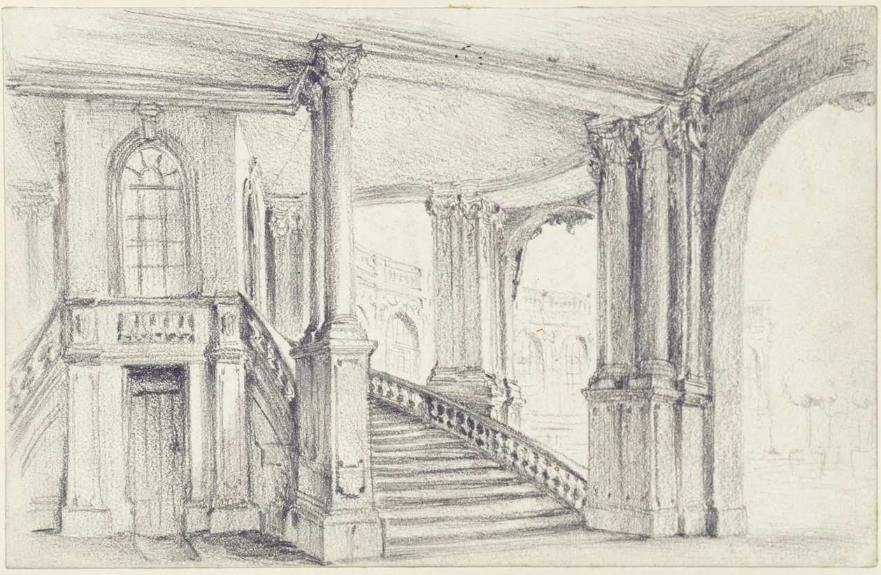 Vue depuis le pavillon municipal sur la galerie à arcades sud-est du Zwinger à Dresde - Adolph Menzel