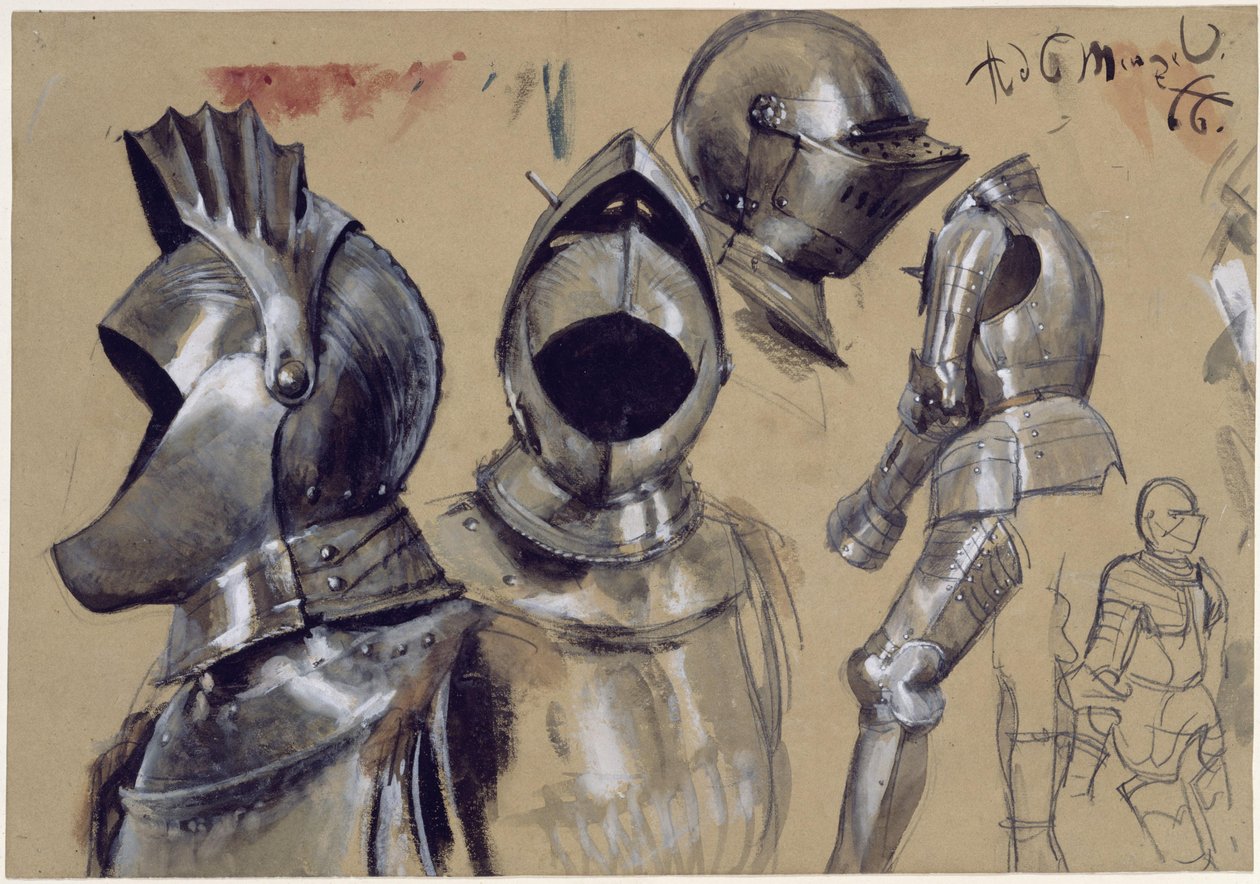 Cuirasses et casques sous trois vues, deux armures debout - Adolph Menzel