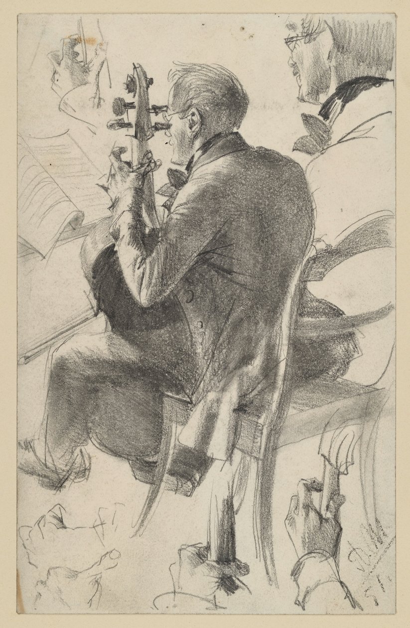 Violoncelle tourné vers la gauche, vu à demi de dos. Études de tête et de mains. Étude préparatoire pour le tableau « Concert de flûte de Frédéric le Grand à Sanssouci » - Adolph Menzel