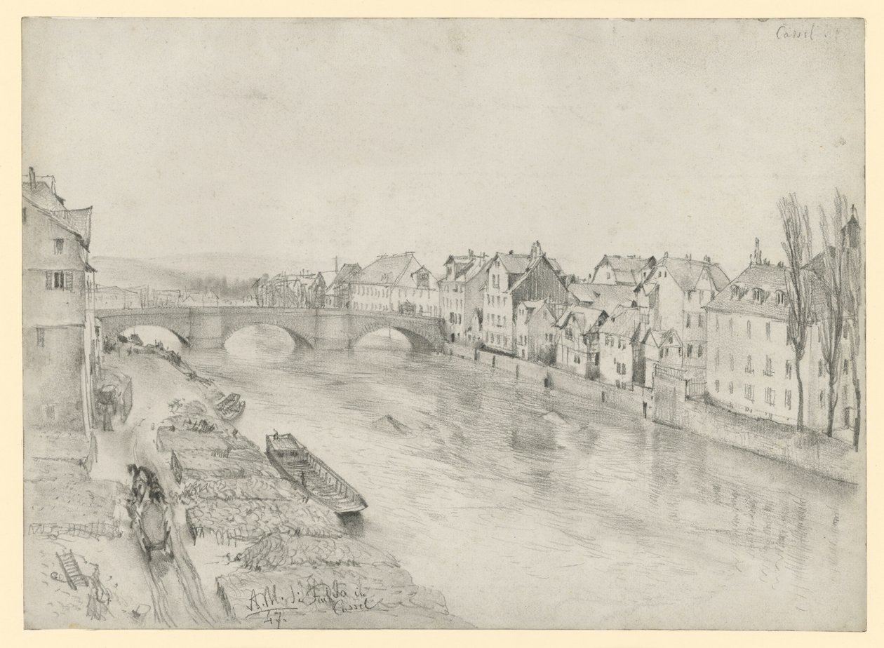 La Fulda à Kassel. Paysage fluvial avec un pont et des maisons - Adolph Menzel