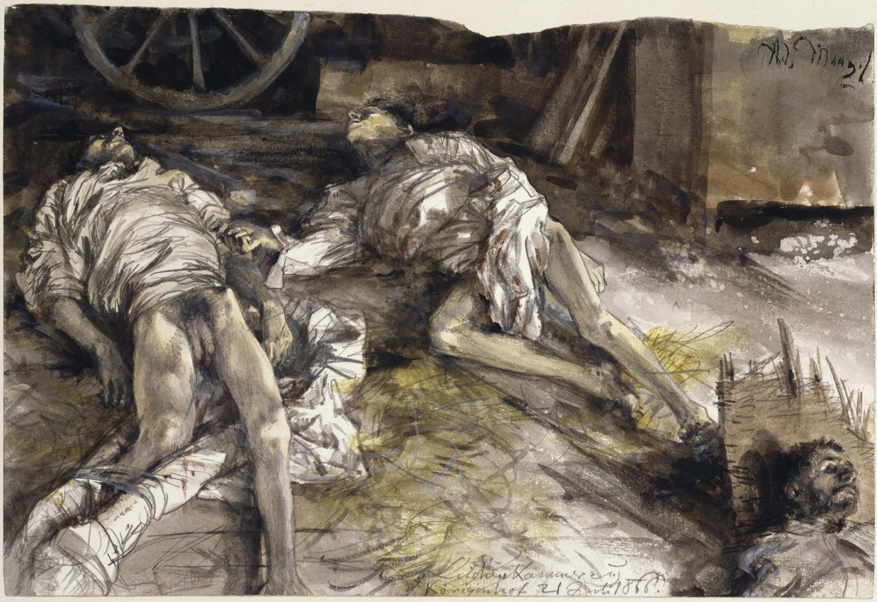 Trois soldats tombés dans une grange - chambre mortuaire à Königinhof - Adolph Menzel