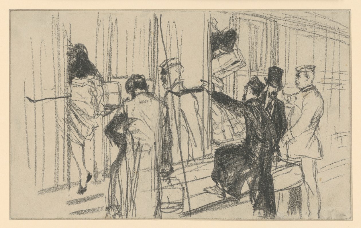 Voyageurs montant dans le train et contrôleur. Scène de quai - Adolph Menzel