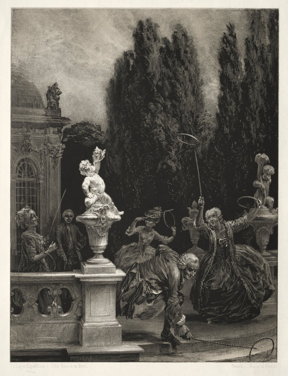 Essai sur pierre avec brosse et grattoir : Jouer aux cerceaux sur la terrasse du château, 1851 - Adolph Menzel