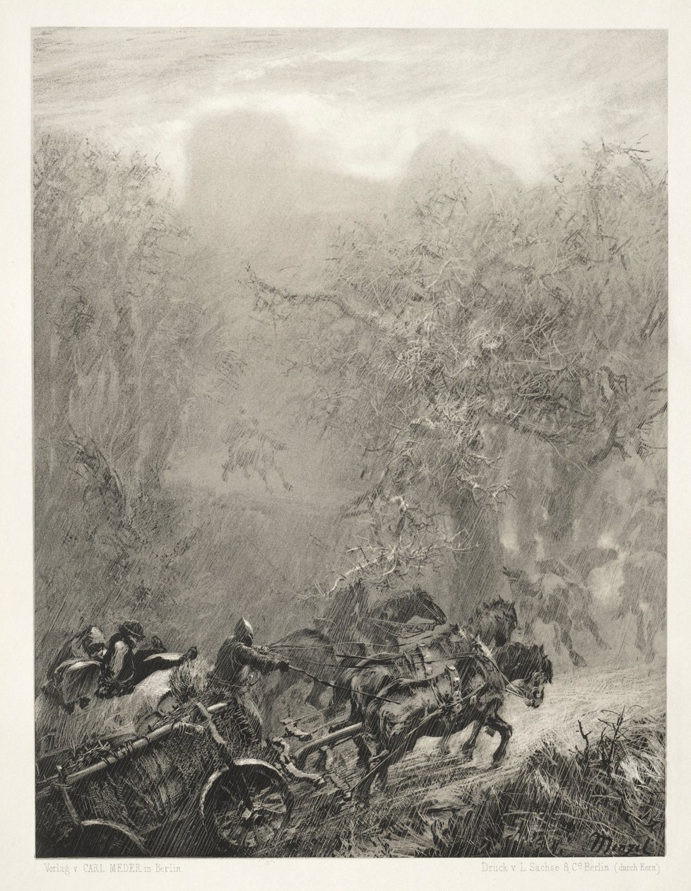 Essai sur pierre avec pinceau et grattoir : Le convoi de prisonniers à travers un bois, 1851 - Adolph Menzel