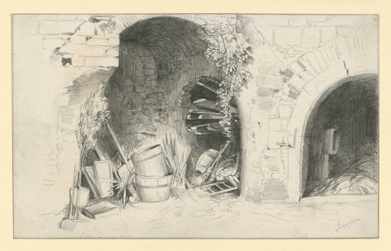 Des tonneaux et des planches sous les arcades de la Jungfernbastei à Dresde - Adolph Menzel