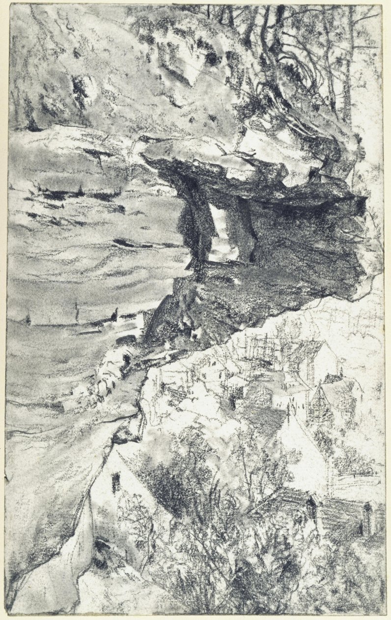 Surplomb rocheux avec un village en arrière-plan (Suisse saxonne ) - Adolph Menzel