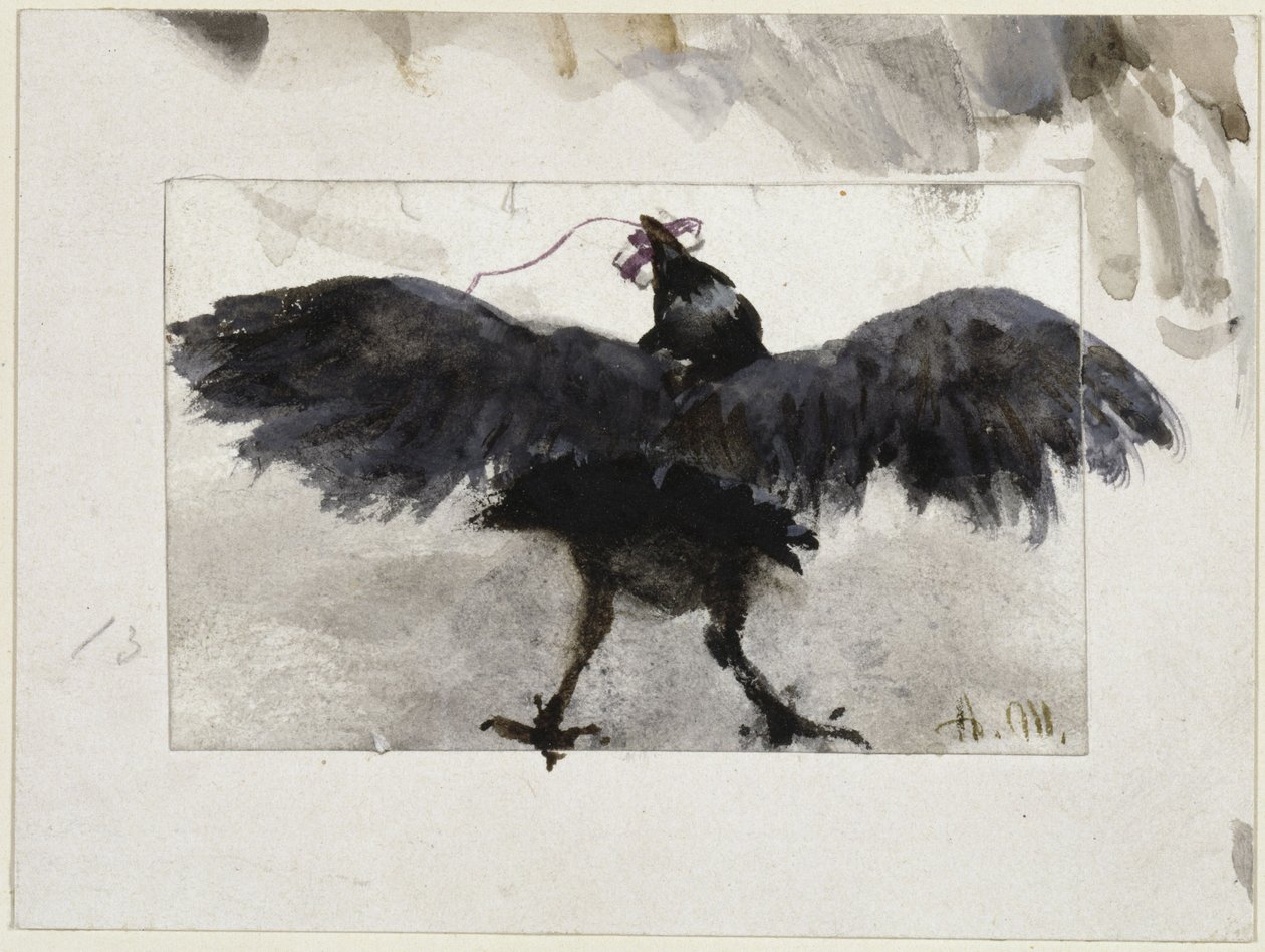 Un corbeau qui vole en battant des ailes, un petit paquet dans le bec - Adolph Menzel