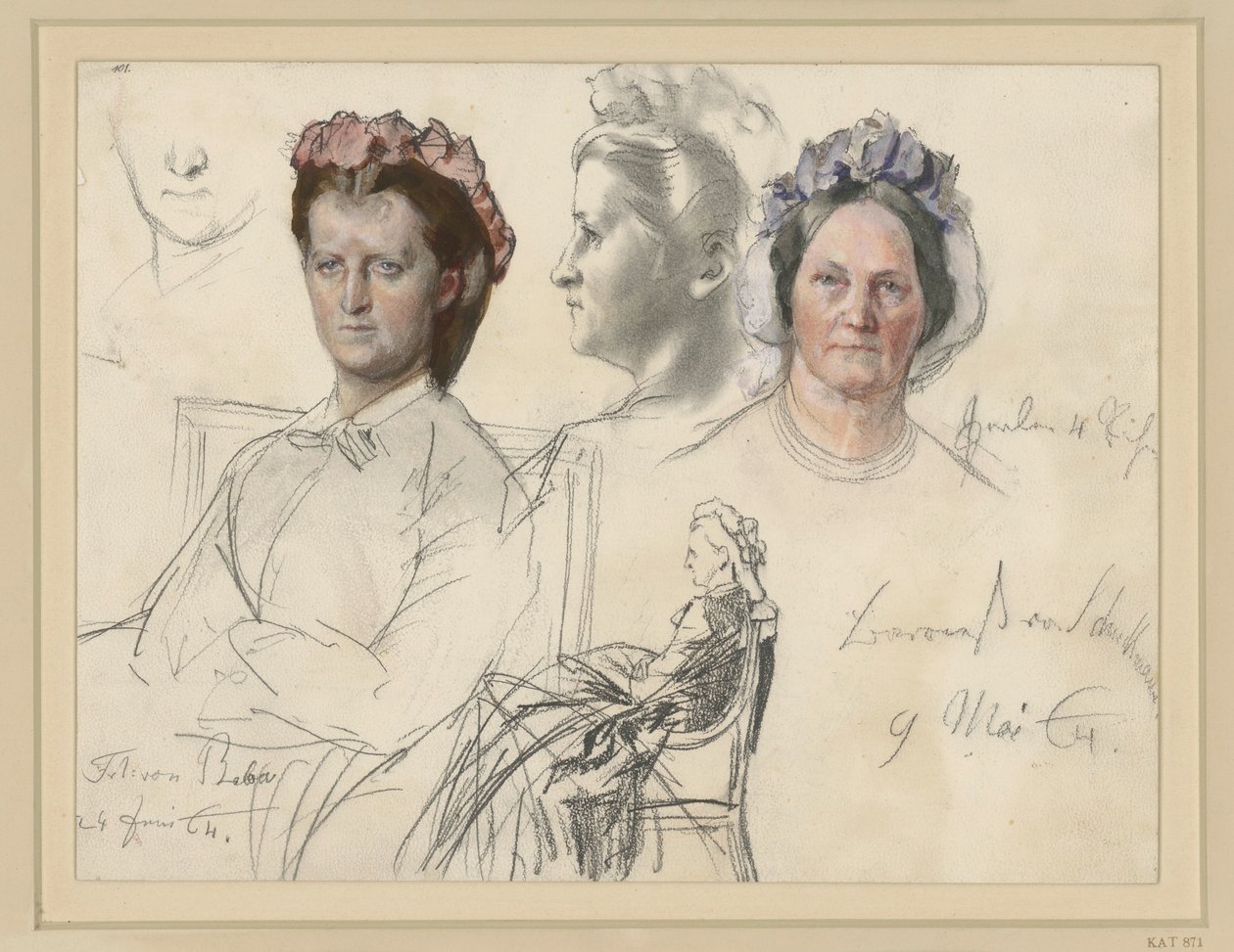 Mlle von Below, demi-figure assise tournée vers la gauche, tête presque de face ; à droite : étude de tête de profil vers la gauche ; en bas : figure entière assise (partiellement biffée) ; à droite : baronne von Schuckmann, étude de tête de face - Adolph Menzel