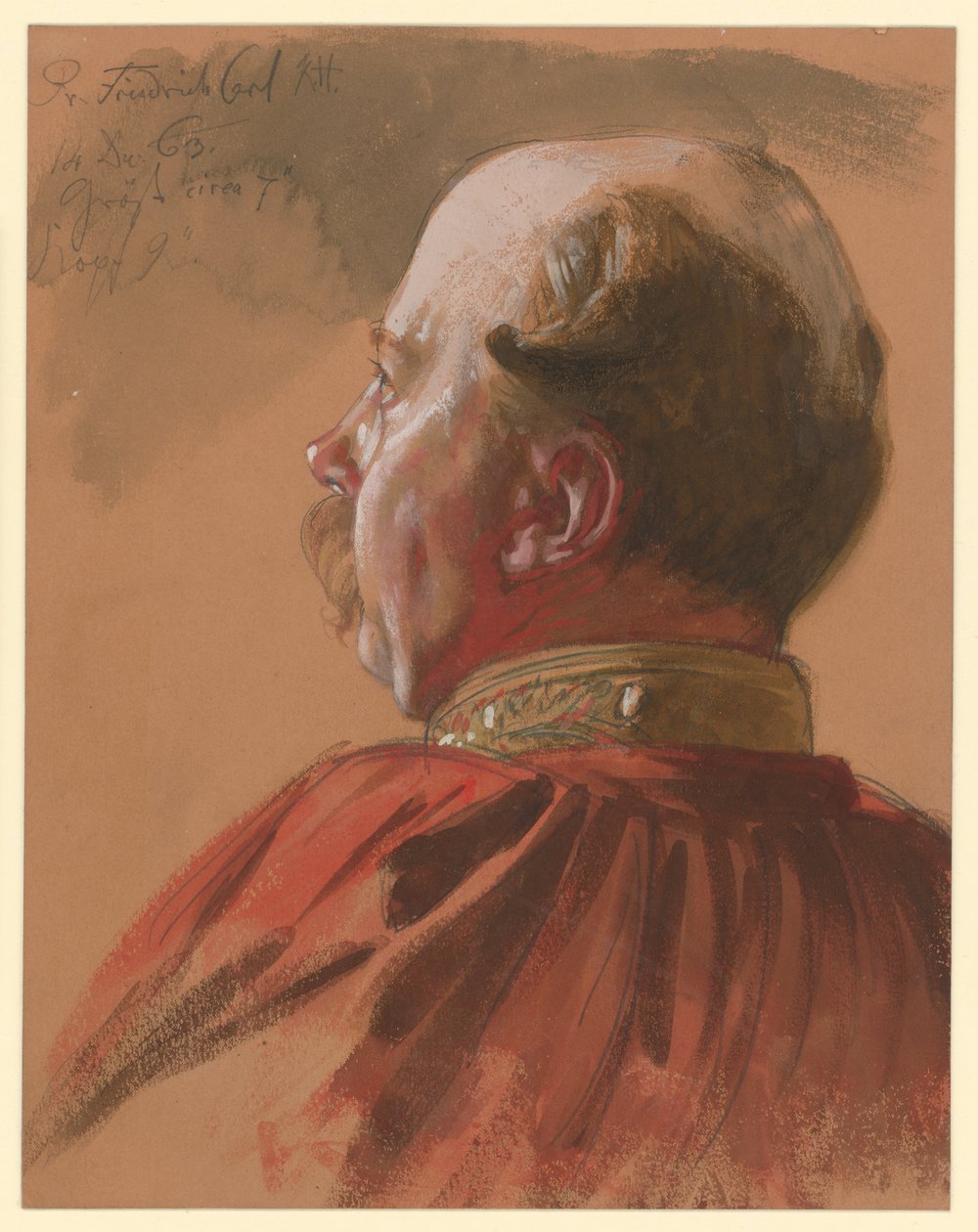 Le prince Frédéric-Charles de Prusse, profil à gauche partiellement coupé, étude de portrait pour « Le Couronnement de Guillaume Ier à Königsberg » - Adolph Menzel