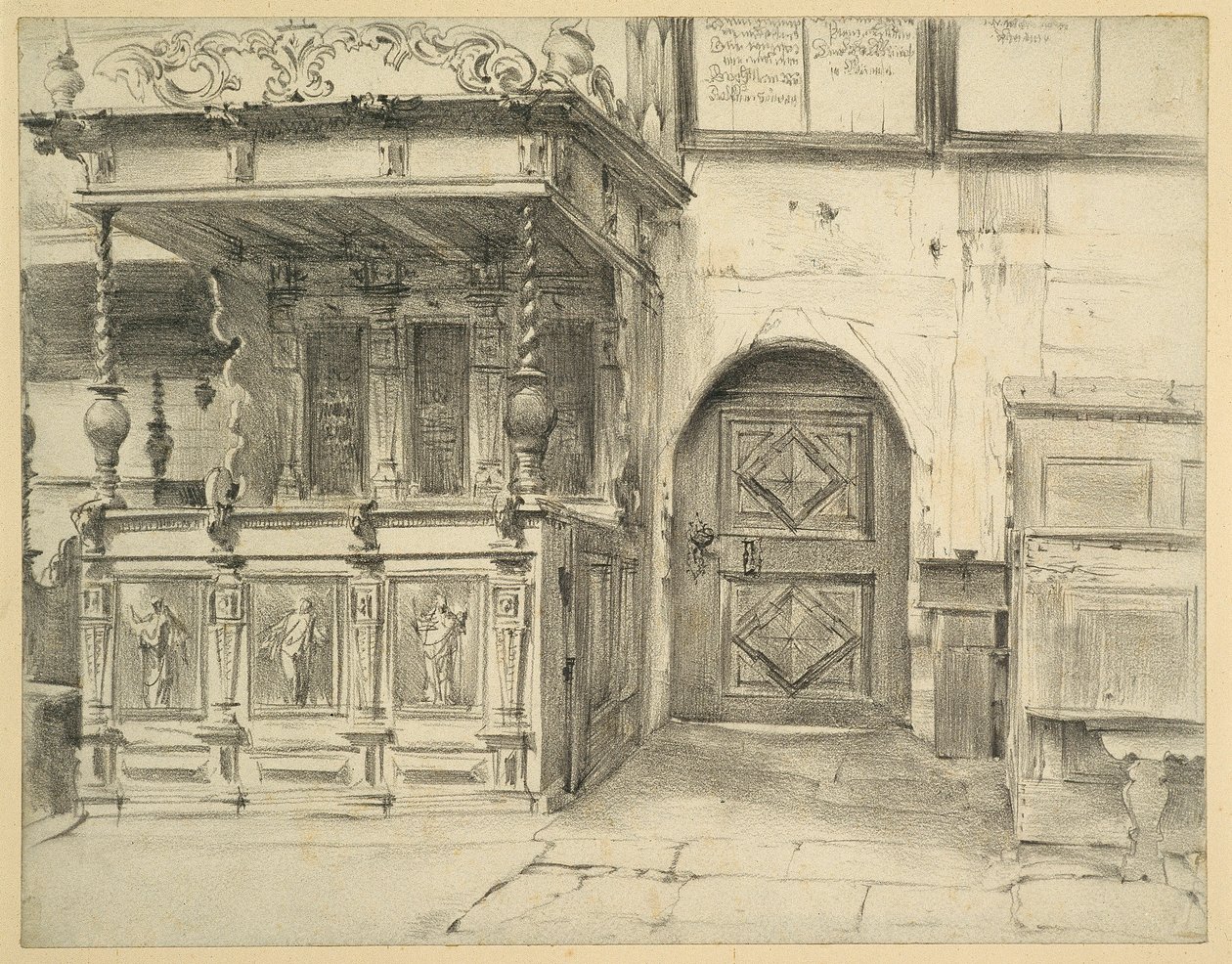 Les bancs et la porte de l